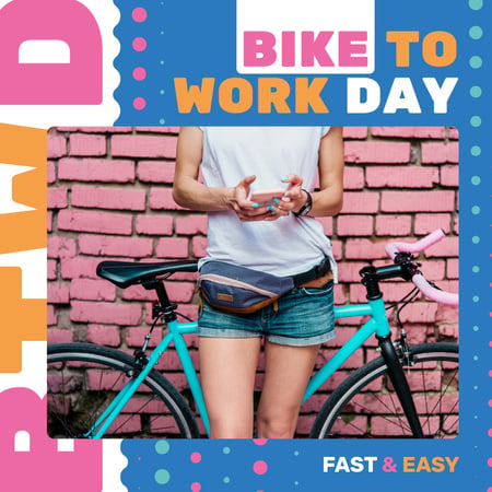 Girl with bicycle in city on Bike to work Day Instagram tervezősablon
