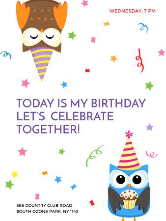Birthday Invitation with Party Owls Poster US Modelo de Design