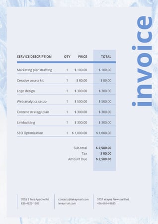 Marketingszolgáltatási ajánlat a kék textúrán Invoice tervezősablon