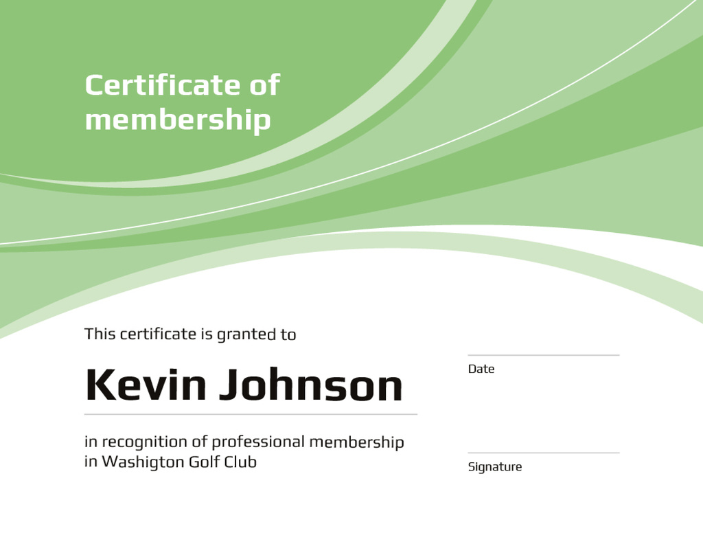 Golf Club Membership confirmation in green Certificateデザインテンプレート