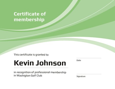 Golf Club Membership confirmation in green Certificate Design Template