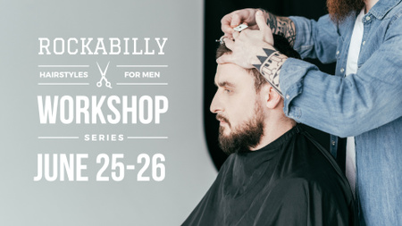 Platilla de diseño Hairstyles Workshop Offer with Client at Barbershop FB event cover
