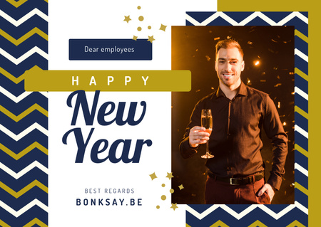 New Year Greeting Man with Champagne Postcard Design Template