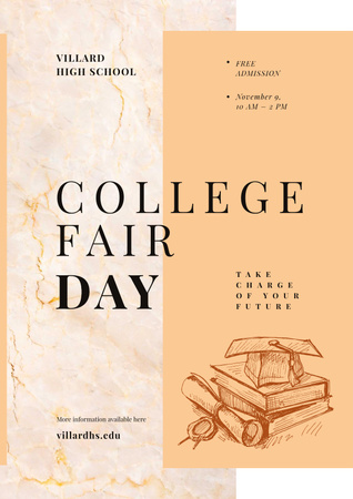 College Fair Announcement with Books with Graduation Hat Poster Modelo de Design
