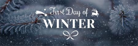 Szablon projektu First day of winter lettering with frozen fir tree branch Twitter