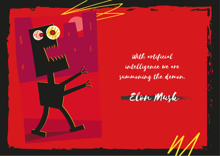 Scary robot walking in city and Quote Postcard Modelo de Design