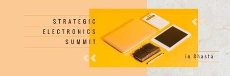 Electronics Summit Announcement Digital Devices and Notebook Twitter Modelo de Design