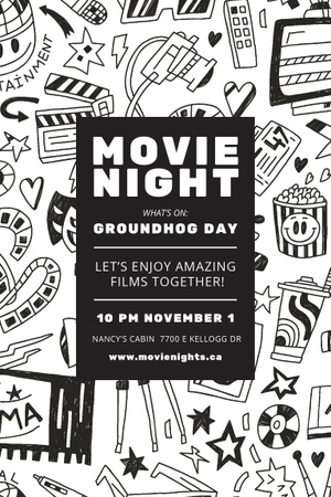 Movie Night Event Announcement with Arts Icons Pattern Pinterest Design Template