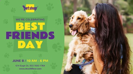 Pet Shop Offer For Best Friends Day with Girls kissing Dog FB event cover Design Template