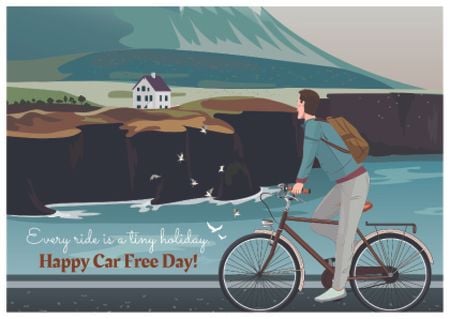 Designvorlage Car free day with Man on bicycle in Scenic Mountains für Postcard