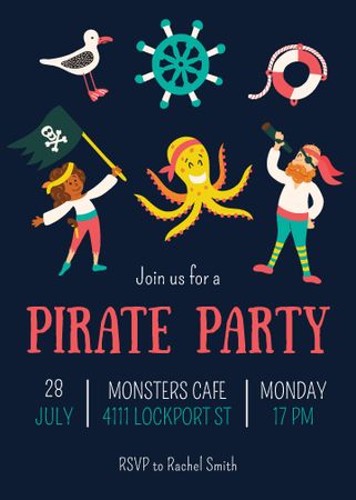 Pirate Party Announcement with Funny Characters Invitationデザインテンプレート