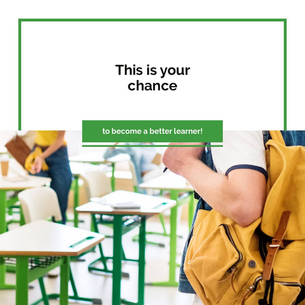 Education Quote Student with Backpack in Classroom Instagram AD Πρότυπο σχεδίασης