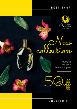 Ontwerpsjabloon van Poster van Perfume Offer with Glass Bottle in Flowers