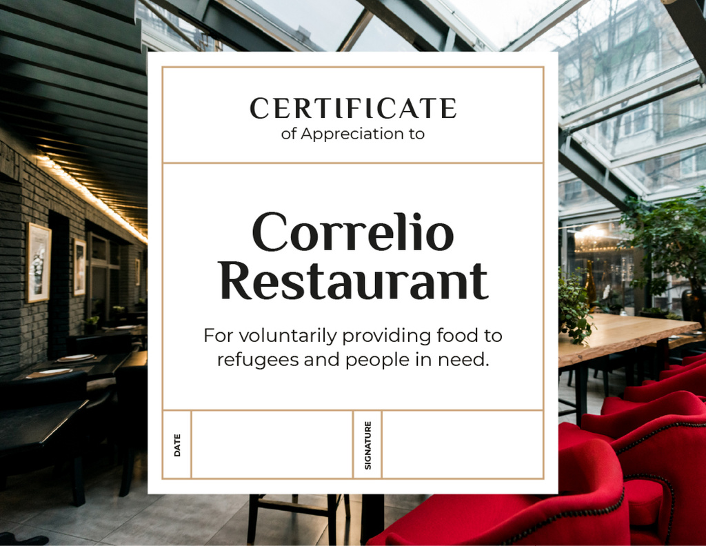 Szablon projektu Restaurant Charity contribution Appreciation Certificate