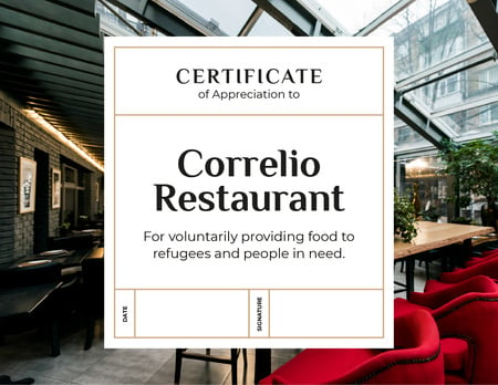 Restaurant Charity contribution Appreciation Certificate Design Template