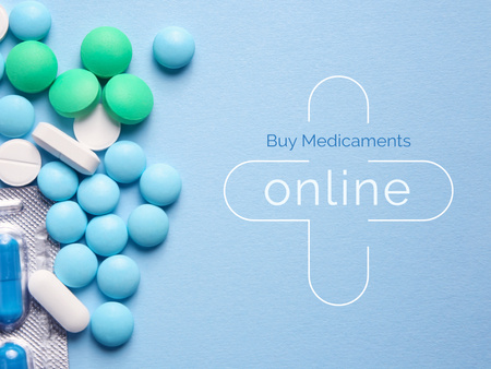 Template di design Medicaments Ad with Pills on Blue Surface Presentation