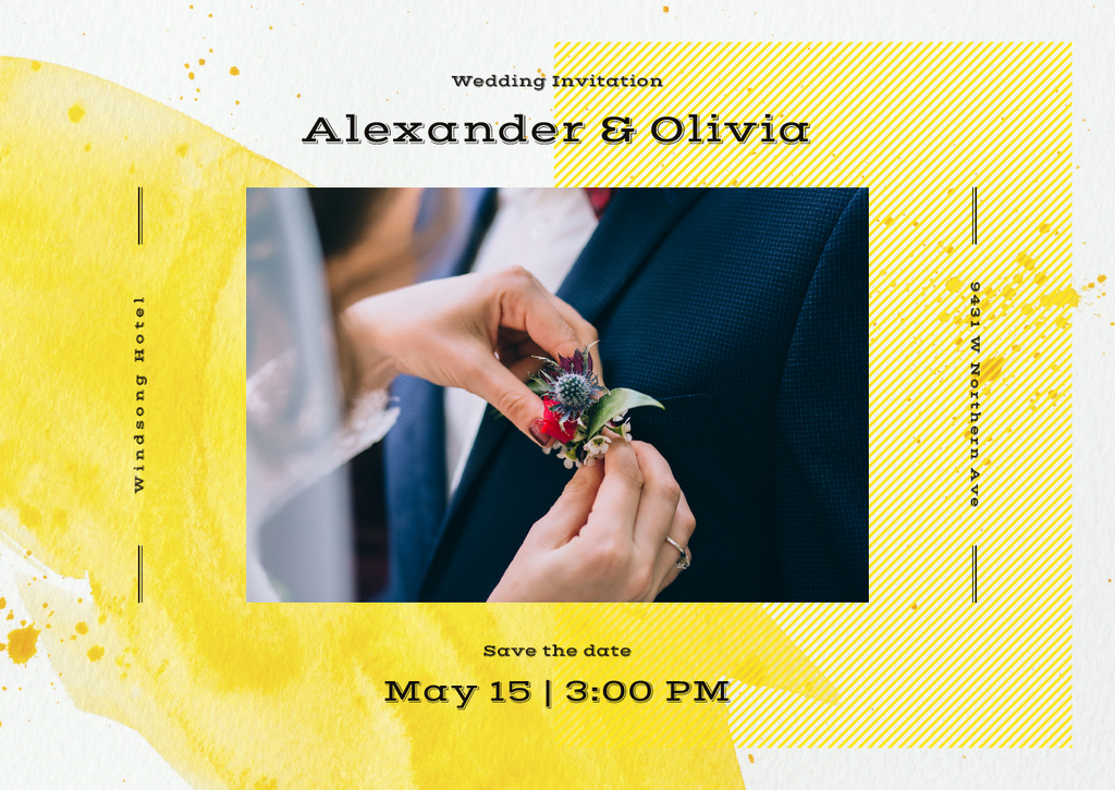 Modèle de visuel Wedding Invitation Bride Decorating Groom's Suit - Card