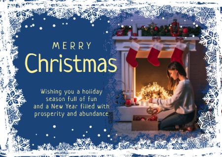 Platilla de diseño Merry Christmas Greeting Woman with Presents Card