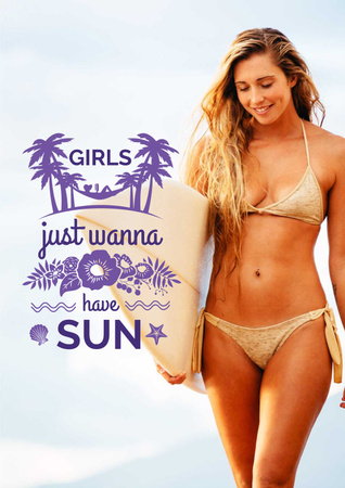 Platilla de diseño Young Woman with Surfboard Poster