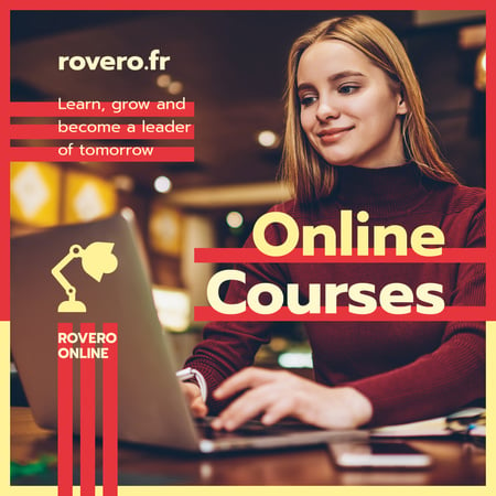Online Courses Ad Woman Typing on Laptop in Red Instagramデザインテンプレート