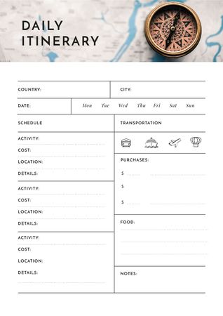 Daily Itinerary with Compass Schedule Planner Design Template