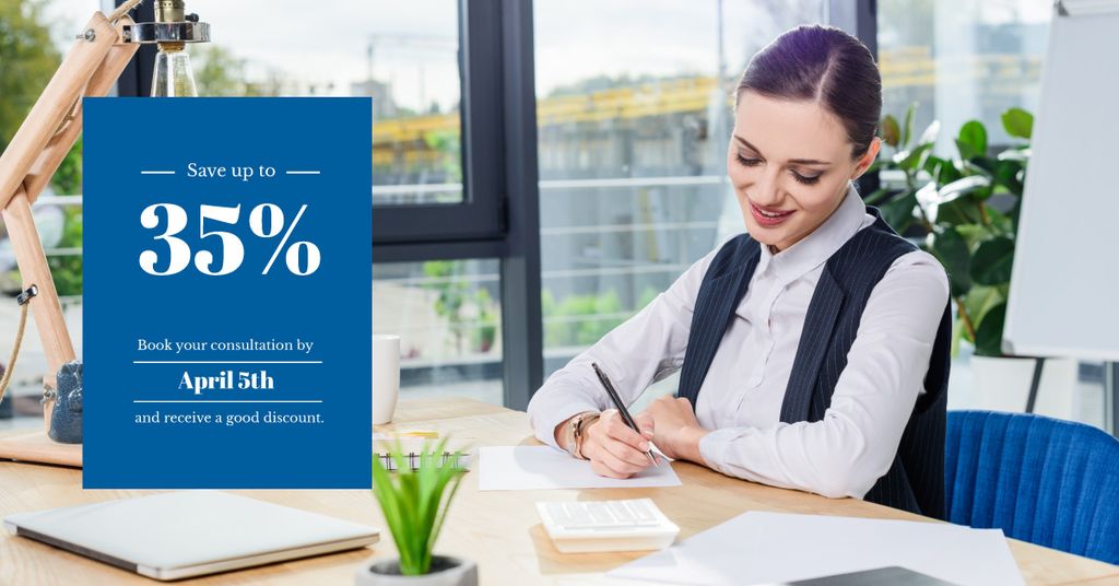 Discount coupon for consultation with young Businesswoman Facebook AD Šablona návrhu