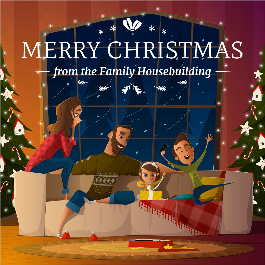 Merry Christmas Greeting Family with Kids by Fir Tree Instagram AD Modelo de Design