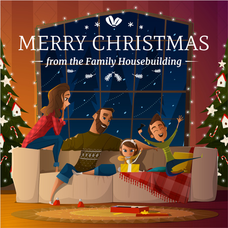 Merry Christmas Greeting Family with Kids by Fir Tree Instagram AD Tasarım Şablonu