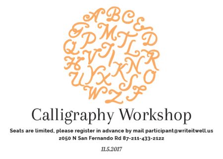 Calligraphy Workshop Announcement with Letters in Orange Postcard Design Template