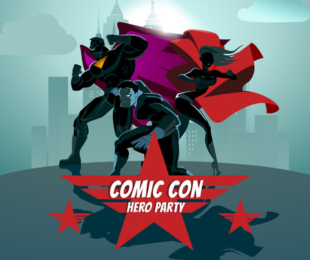 Superheroes at Comic Con Party Facebook Design Template