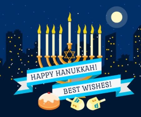 Plantilla de diseño de Saludo feliz de Hanukkah con Menorah y Sufganiyah Medium Rectangle 