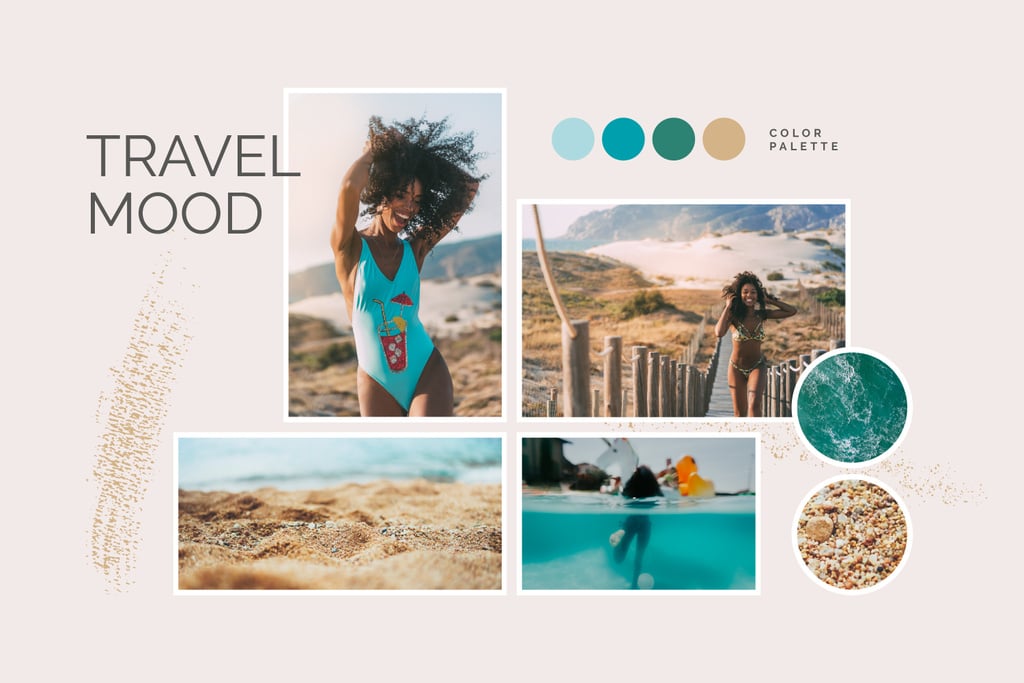Summer Travel mood with Girl at the beach Mood Board Tasarım Şablonu