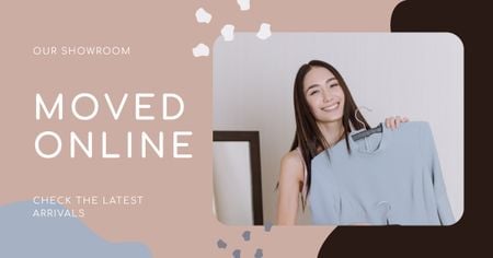 Plantilla de diseño de Online Showroom Ad with Smiling Woman holding Dress Facebook AD 