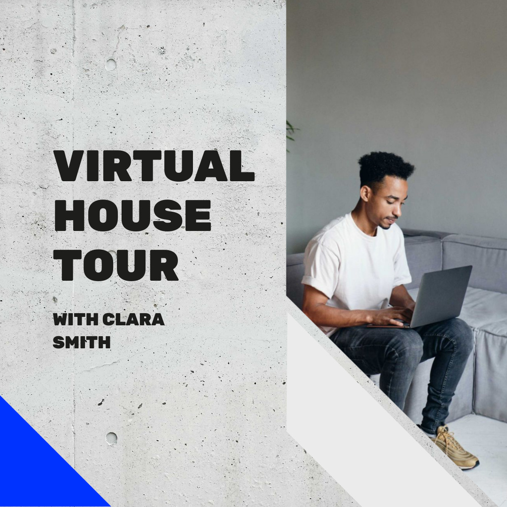 Man watching Virtual House Tour on laptop Instagram AD – шаблон для дизайна
