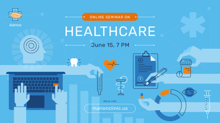 Plantilla de diseño de Evento sanitario Medicamentos e iconos médicos FB event cover 