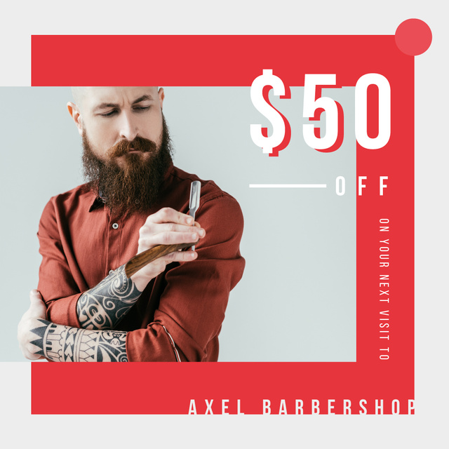 Barbershop Offer Bearded Barber holding razor Instagram AD Design Template