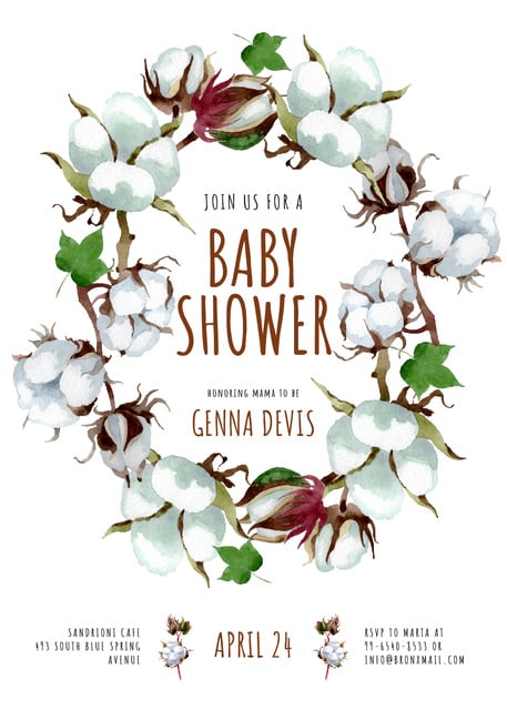 Baby Shower Invitation with Cotton Flowers Wreath Invitationデザインテンプレート