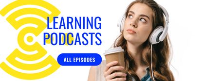 Ontwerpsjabloon van Facebook cover van Education Podcast Ad Woman in Headphones
