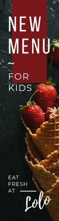 Kids Menu Promotion with Strawberries in Waffle Cone Skyscraper Design Template