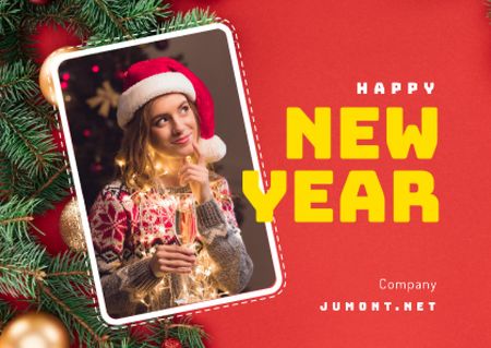Designvorlage Happy New Year Greeting Woman with Champagne für Card