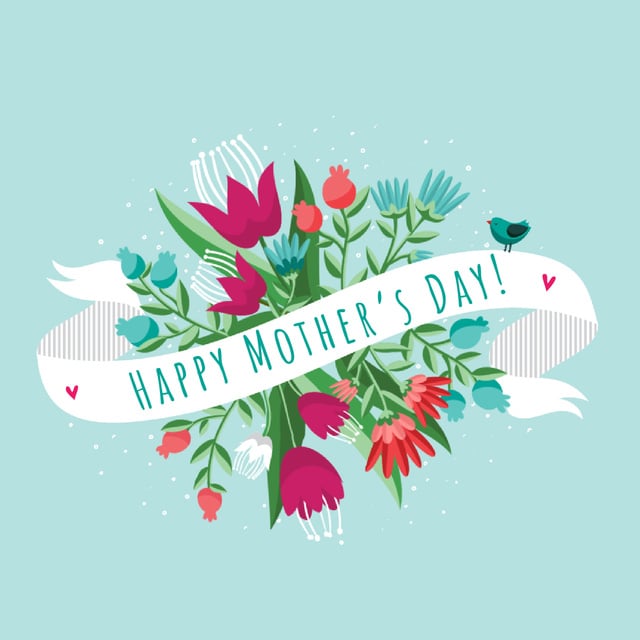 Mother's Day Greeting Ribbon with Flowers and Bird Animated Postデザインテンプレート