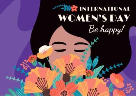 Women's day greeting with Woman sniffing Flowers Postcard – шаблон для дизайну