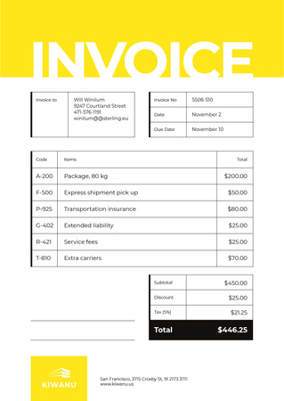 Transportation Services on Yellow Invoice tervezősablon