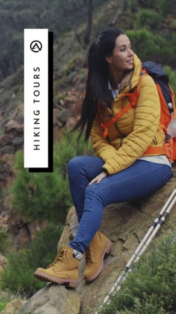Hiking Tour Offer Woman in Mountains Instagram Video Story Modelo de Design