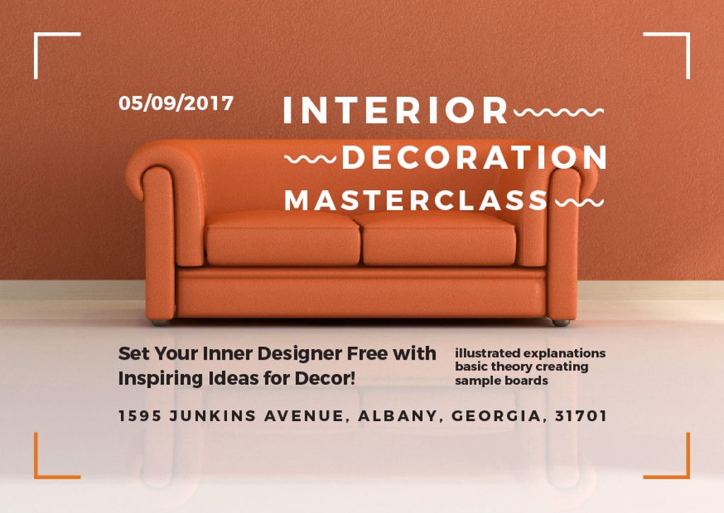 Interior Decoration Event Announcement with Sofa in Red Card Design Template