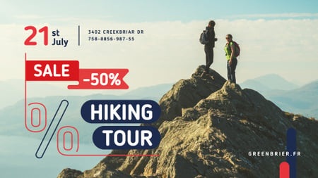 Hiking Tour Sale with Backpackers in Mountains FB event cover Design Template