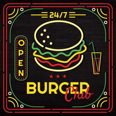 Burger club glowing icon Instagram AD Design Template