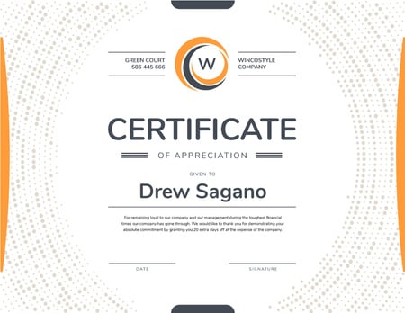 Plantilla de diseño de Company Employee Appreciation in orange Certificate 