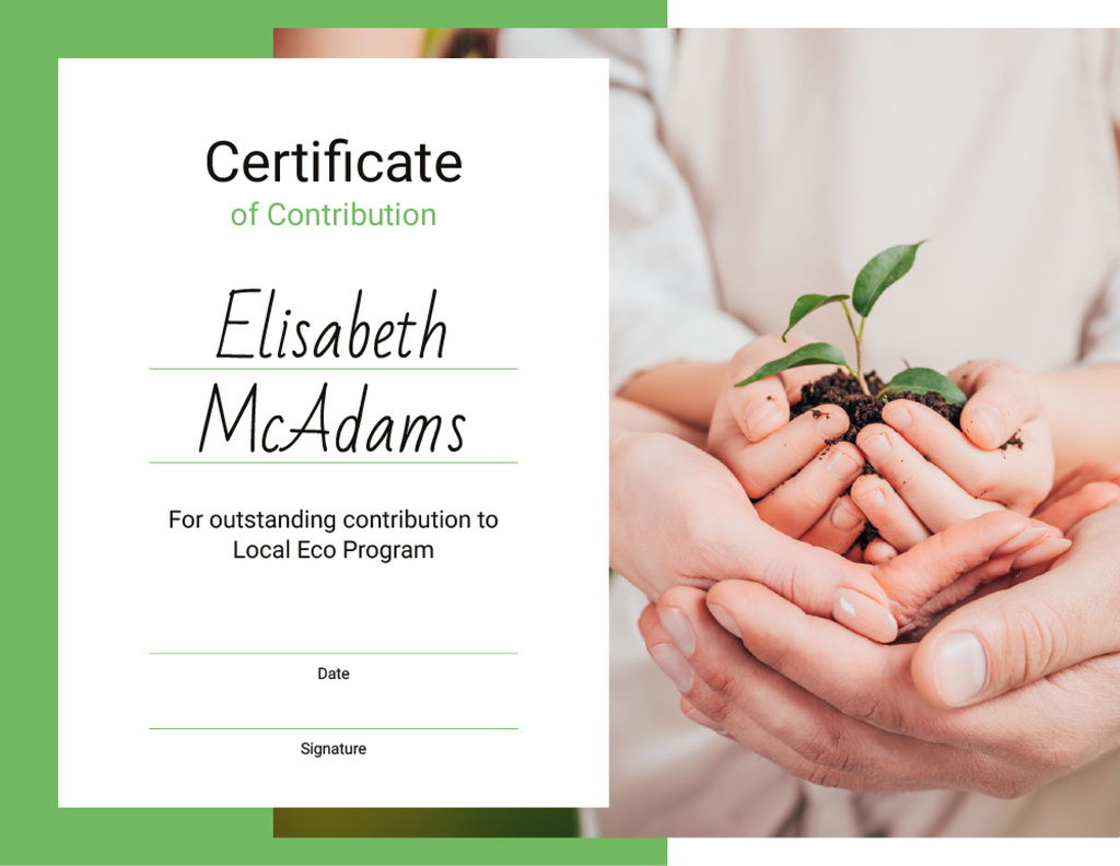 Ontwerpsjabloon van Certificate van Eco Program Contribution gratitude with plant in hands