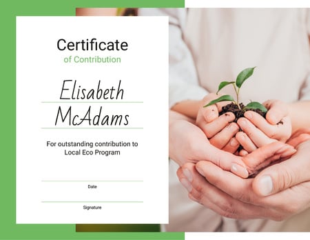 Eco Program Contribution gratitude with plant in hands Certificate Design Template